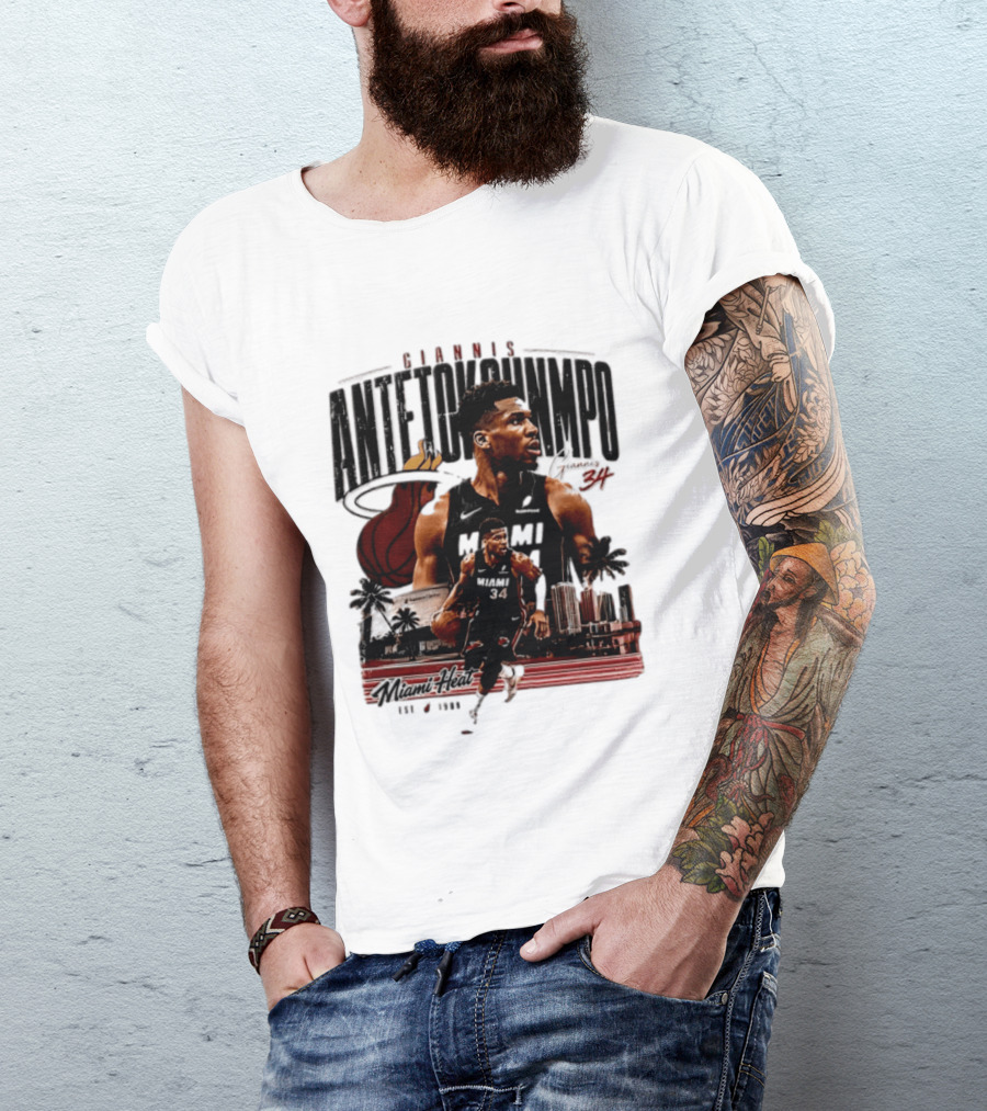 Giannis Antetokounmpo Miami Heat NBA Player Est 1988 Kaseya Center Palms And Cityscape T-Shirt