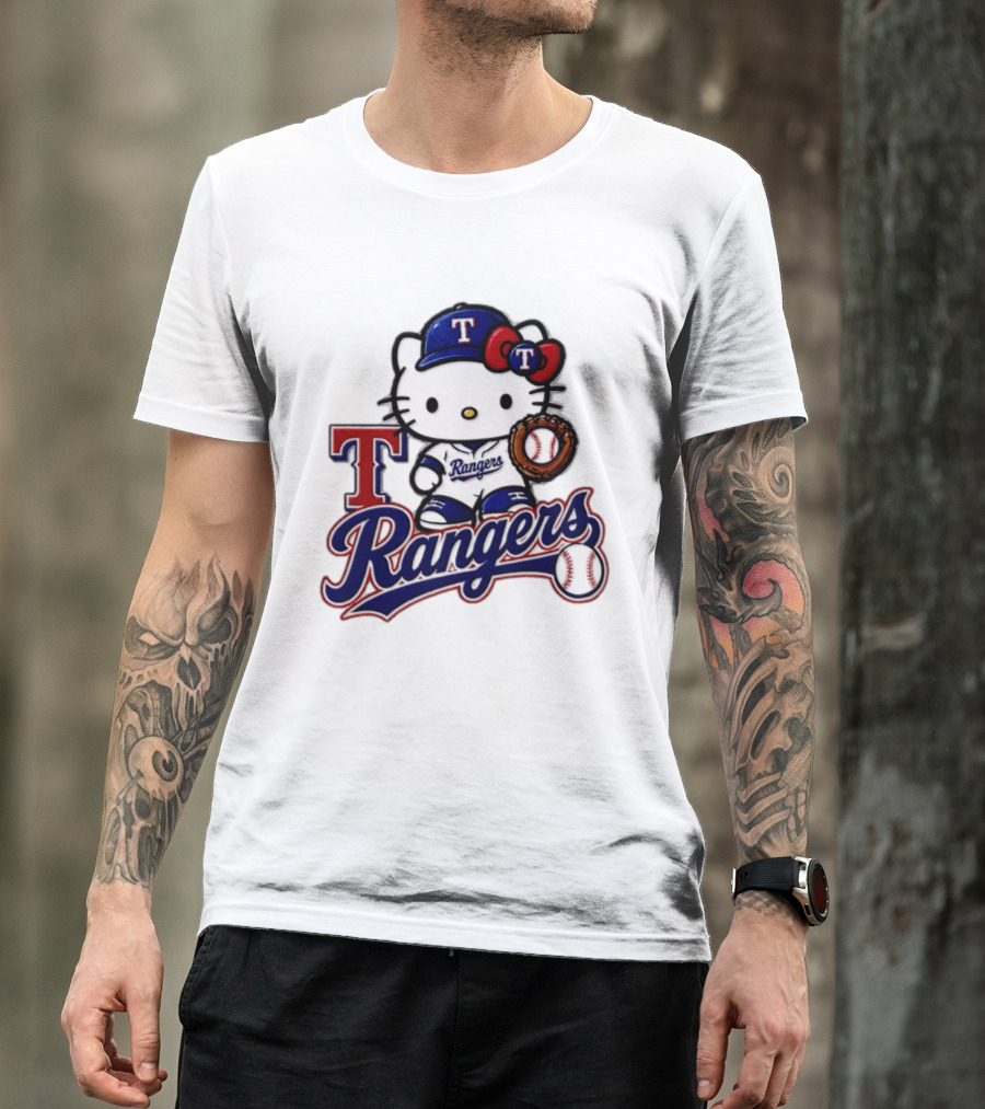 Hello Kitty Texas Rangers Baseball 2026 MLB Rangers Logo With Baseball Glove And Cap T-Shirt