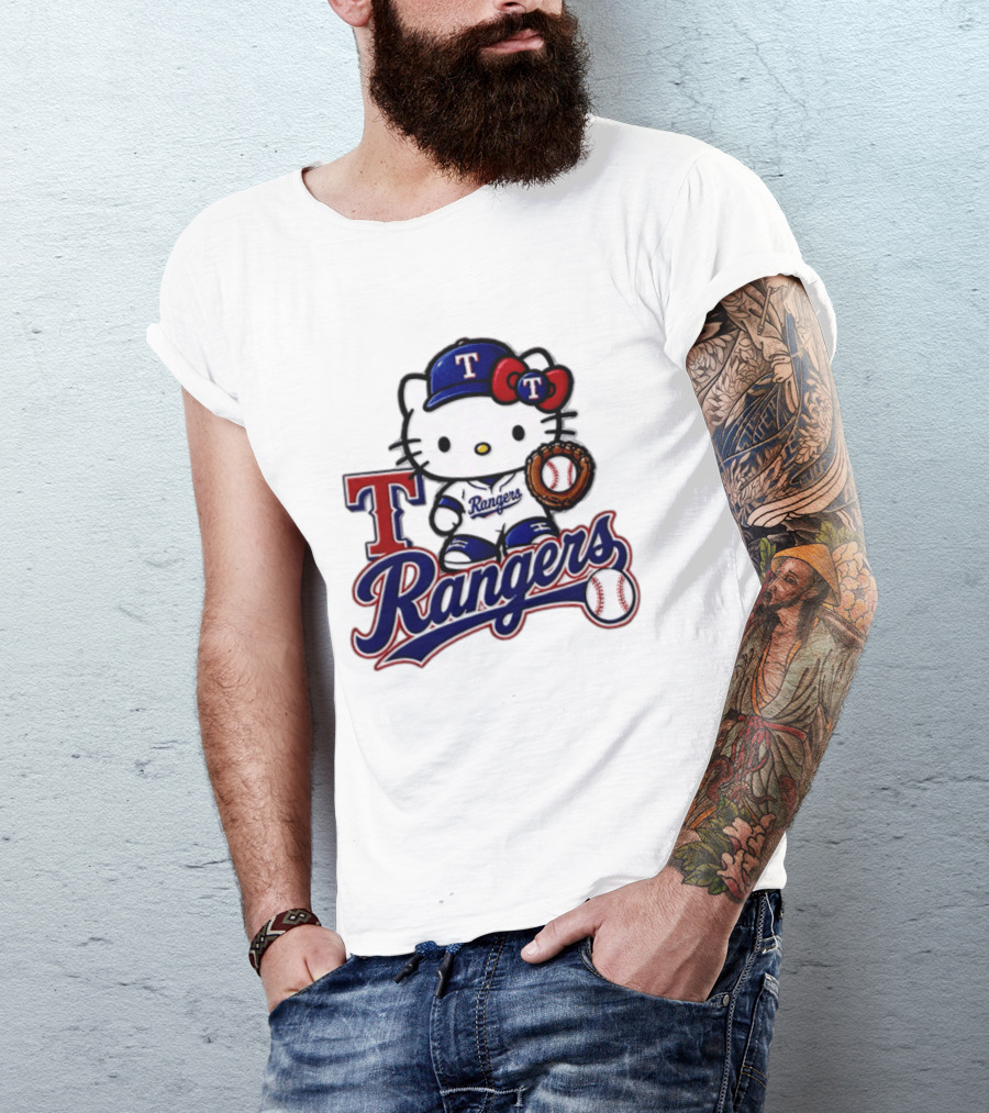 Hello Kitty Texas Rangers Baseball 2026 MLB Rangers Logo With Baseball Glove And Cap T-Shirt