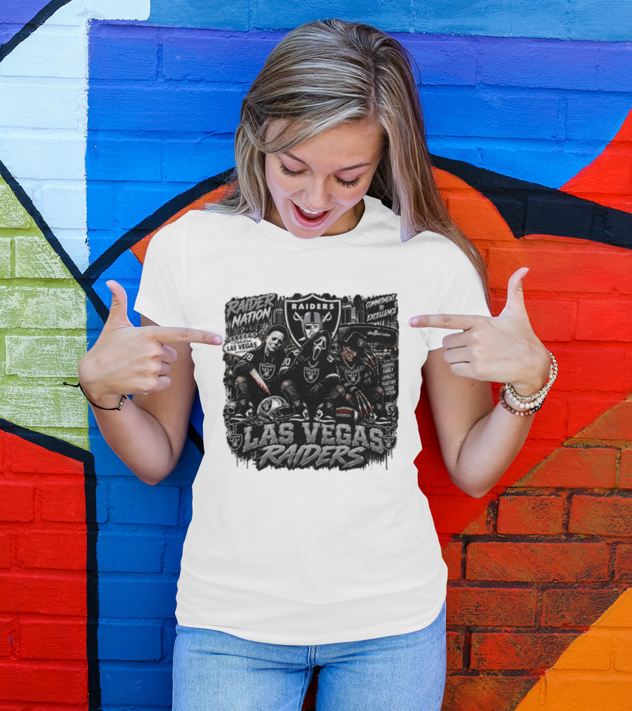 Raider Nation Las Vegas Raiders Michael Myers Ghostface Freddy Krueger Commitment To Excellence Halloween Allegiant Stadium T-Shirt
