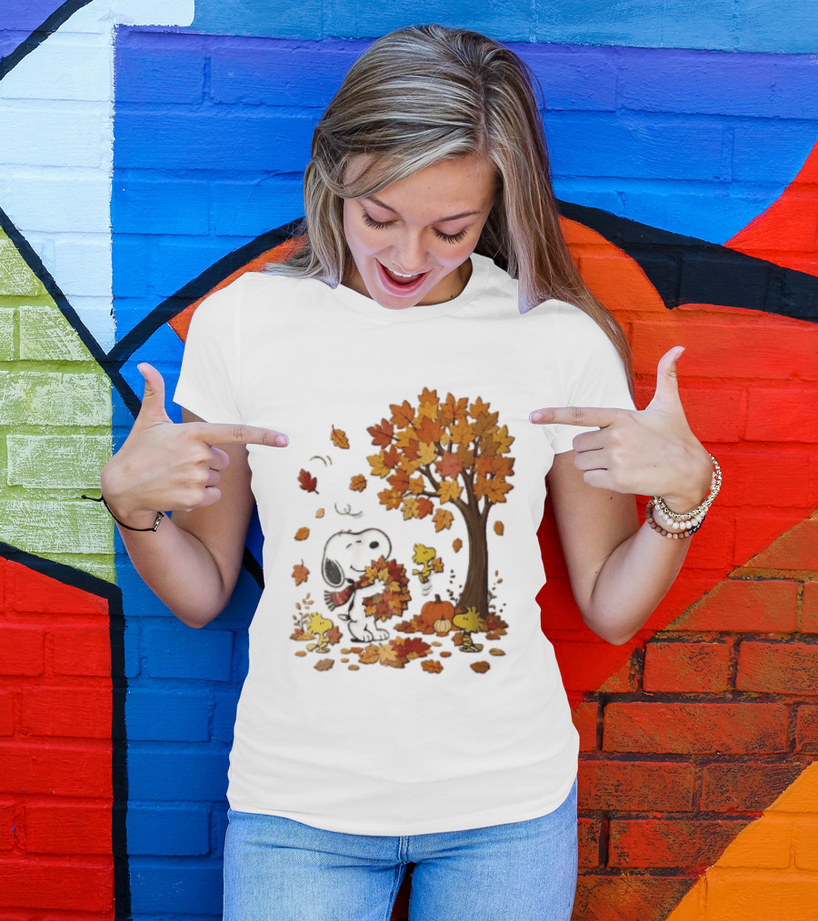 Snoopy Woodstock Autumn Leaves Pumpkin Fall Season Vibes T-Shirt
