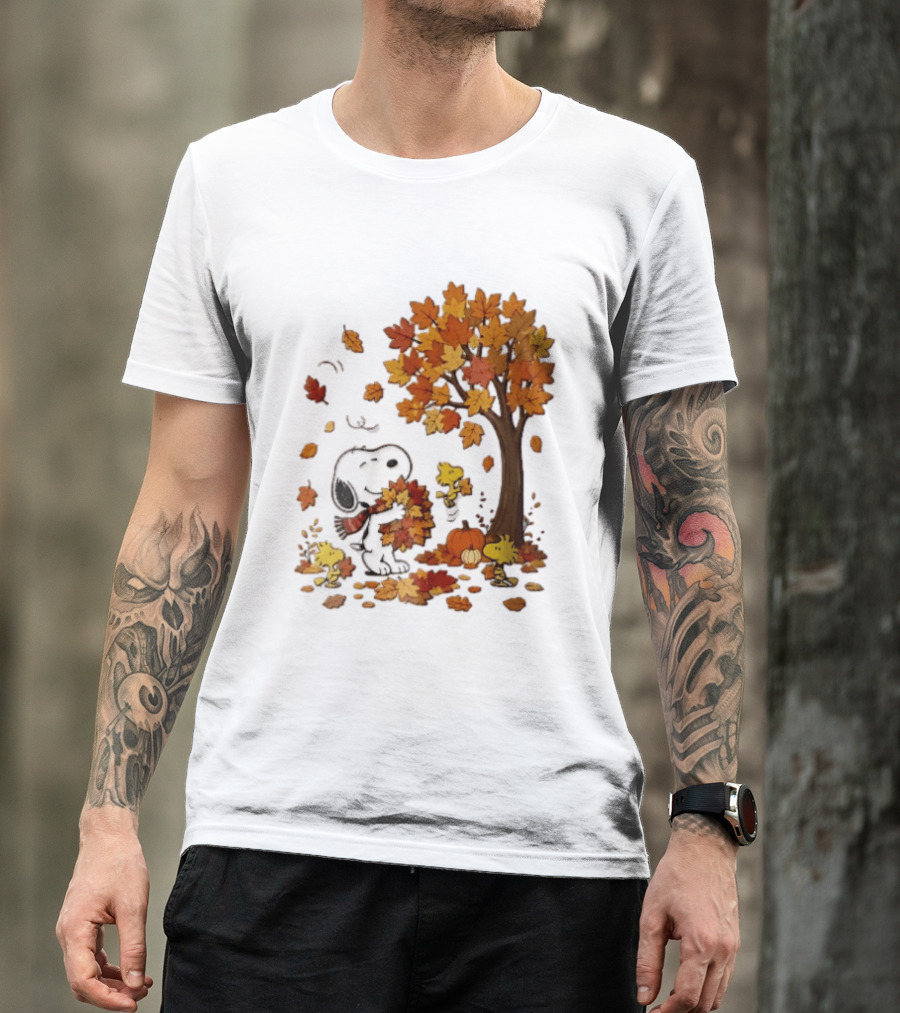 Snoopy Woodstock Autumn Leaves Pumpkin Fall Season Vibes T-Shirt