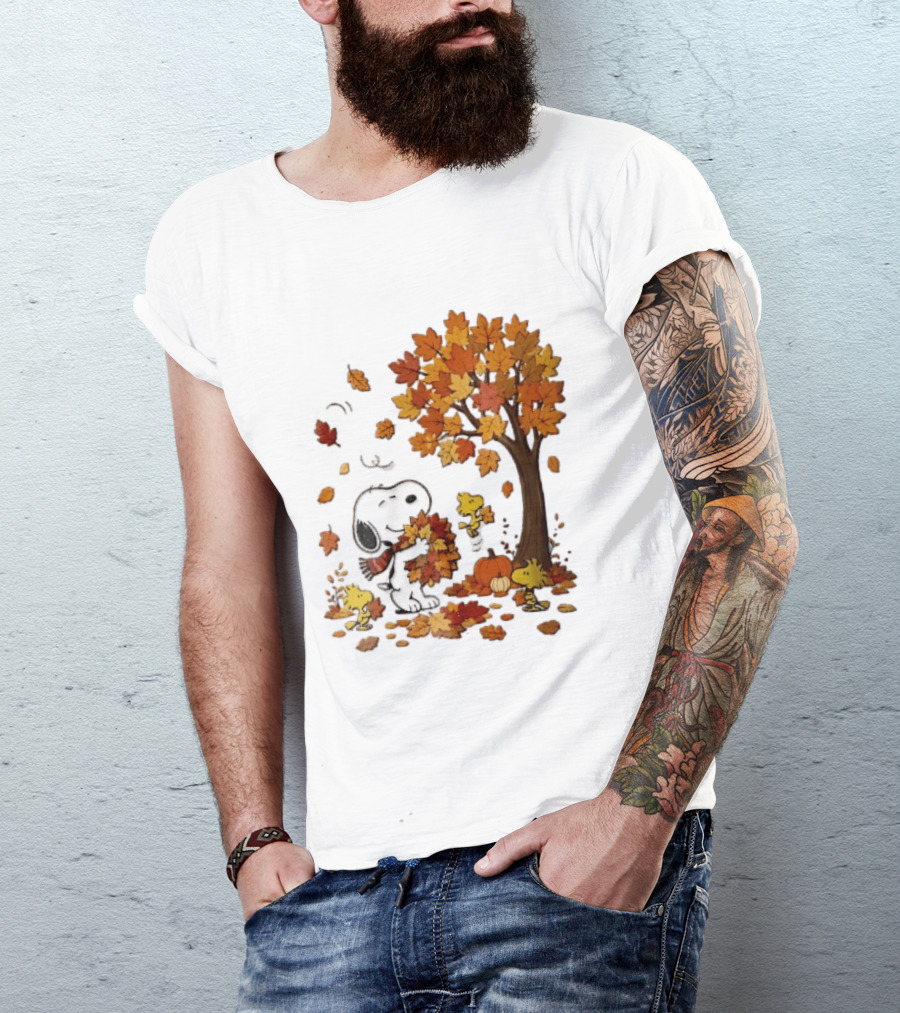 Snoopy Woodstock Autumn Leaves Pumpkin Fall Season Vibes T-Shirt