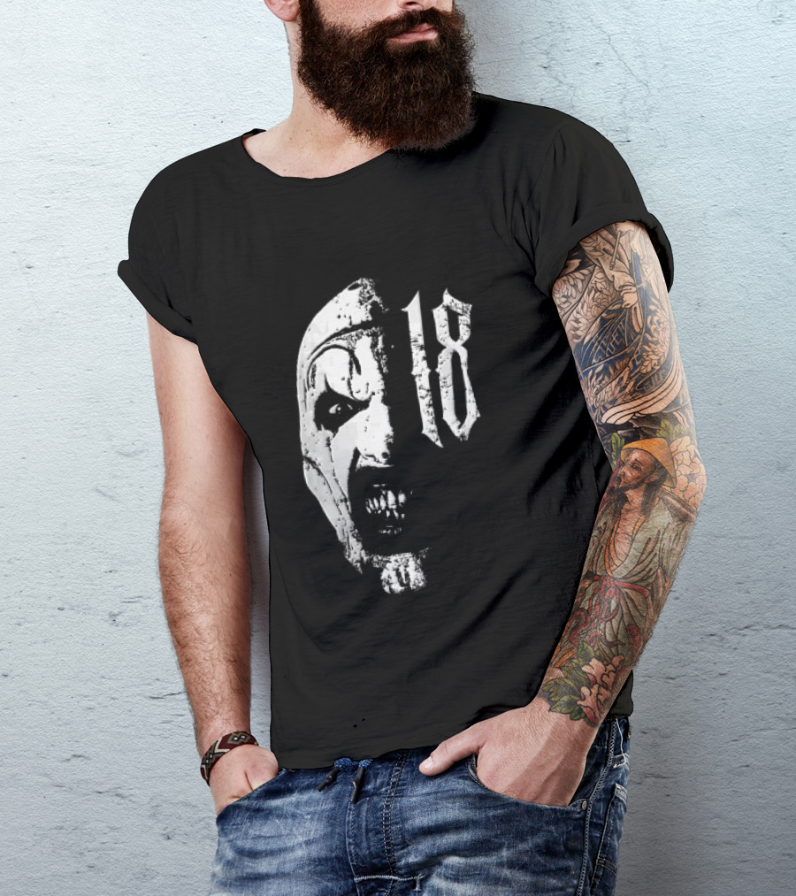 18 Terrifier Clown Distressed Half Face Screaming T-Shirt