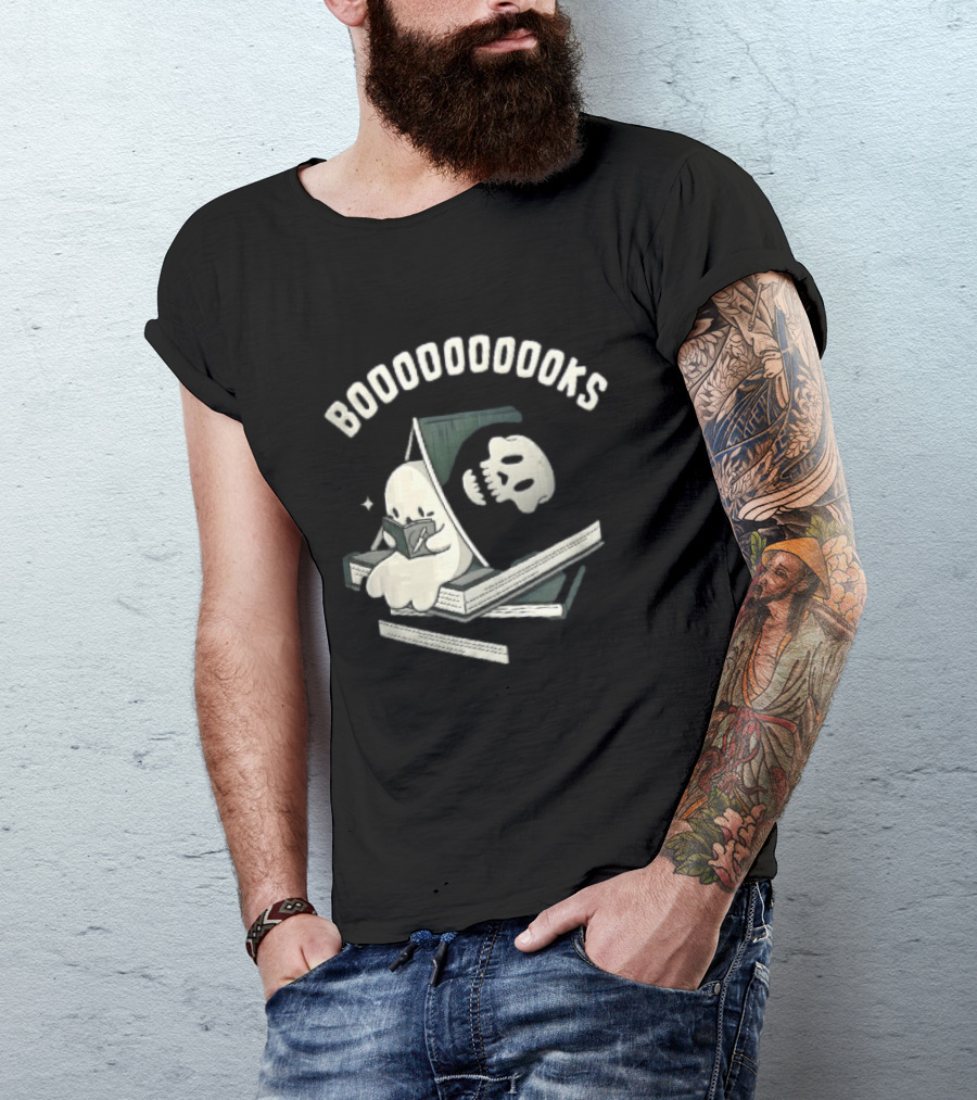 Boooooooooks Cartoon Ghost Reading Novel With Skeleton Specter T-Shirt