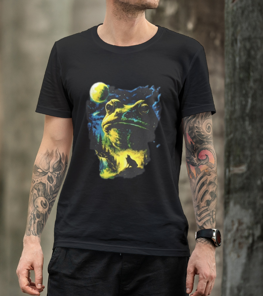 Giant Toad Glowing Moon Howling Waterfall Forest Mystic Scene T-Shirt