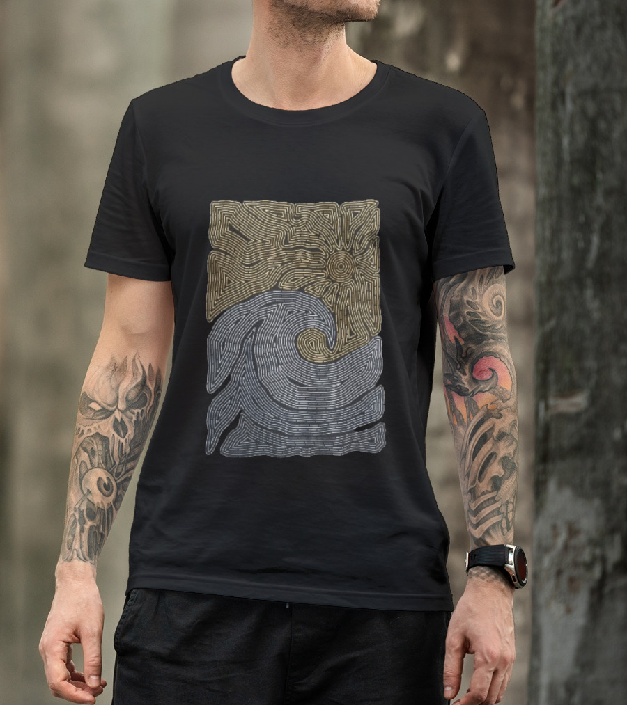 Golden Sun Over Crashing Blue Ocean Wave Line Maze T-Shirt