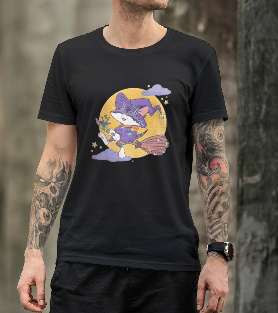 Halftone Cartoon Cat Witch Flying On Broomstick With Moon And Stars T-Shirt