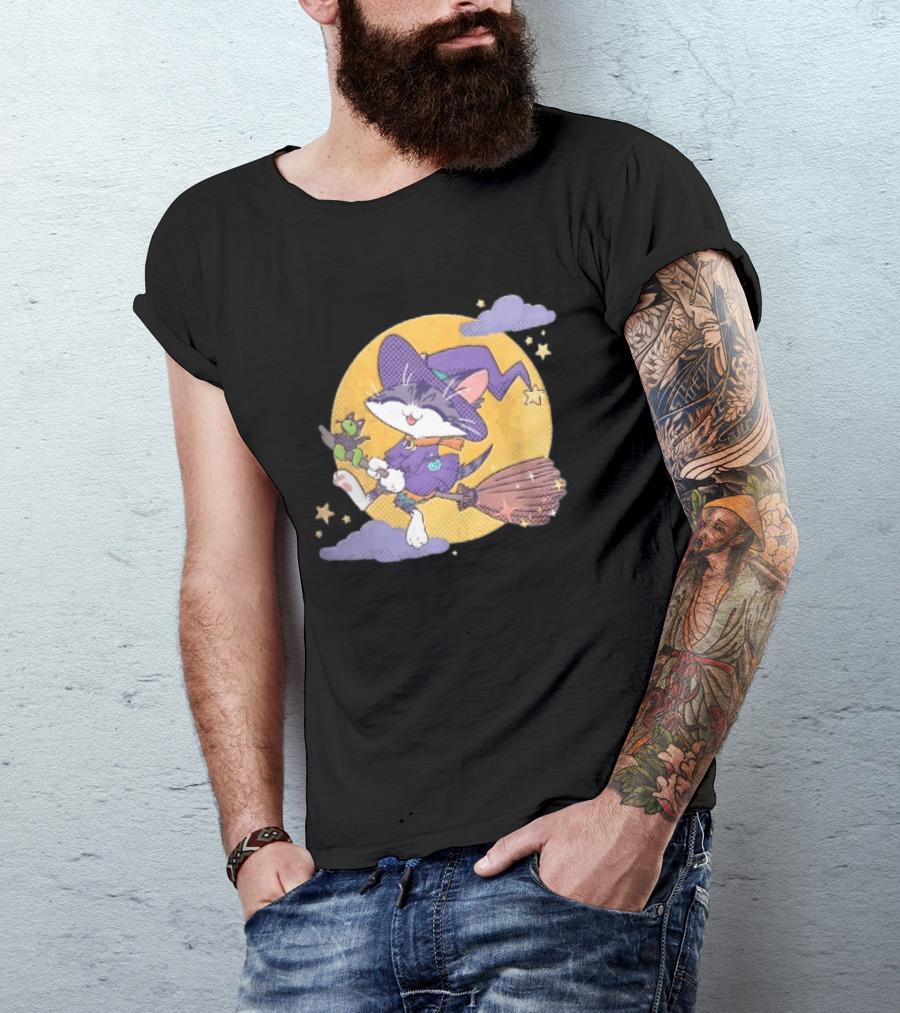 Halftone Cartoon Cat Witch Flying On Broomstick With Moon And Stars T-Shirt