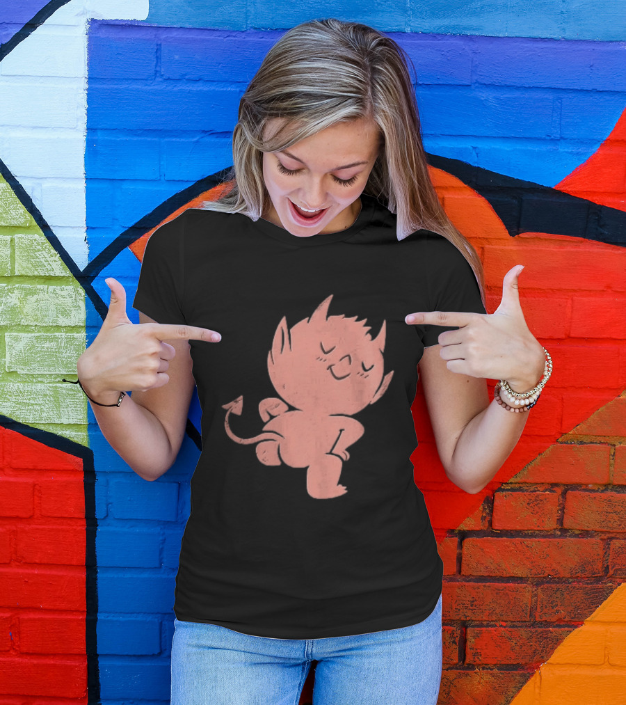 Mischievous Little Red Devil Cartoon Mooning With Distressed Texture T-Shirt