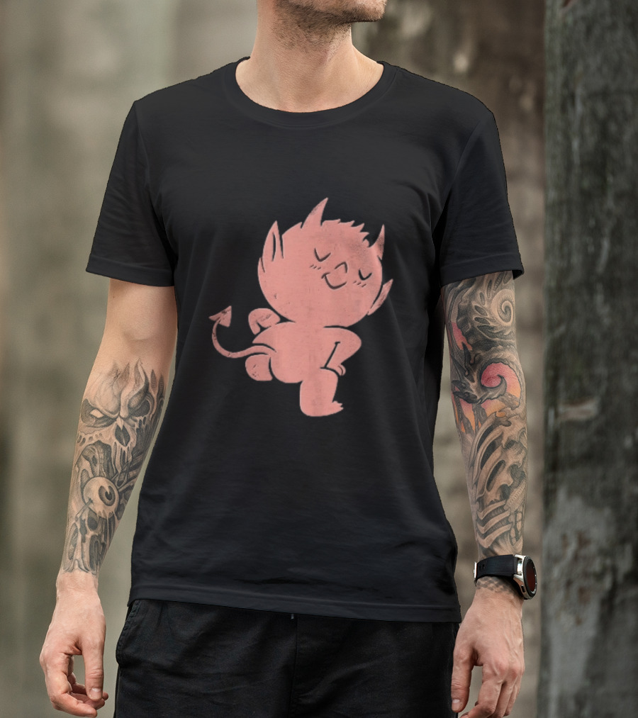 Mischievous Little Red Devil Cartoon Mooning With Distressed Texture T-Shirt