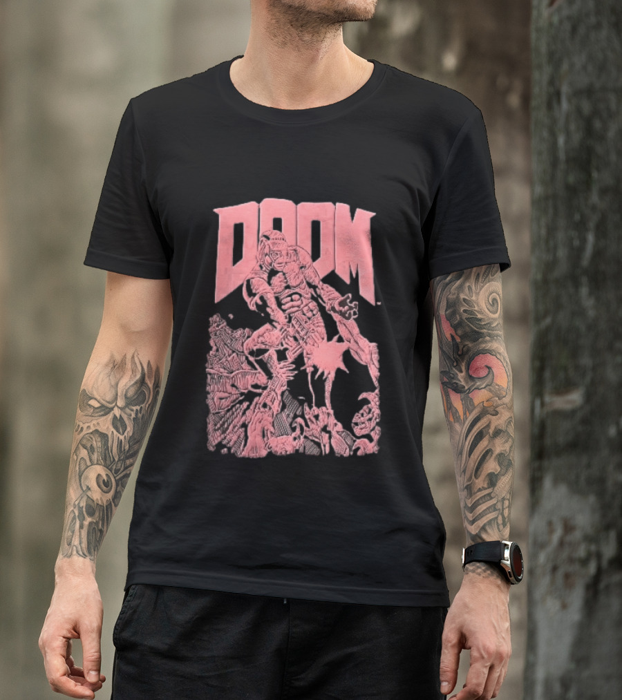 Doom Space Marine Battling Hell Demons Pink Sketch T-Shirt