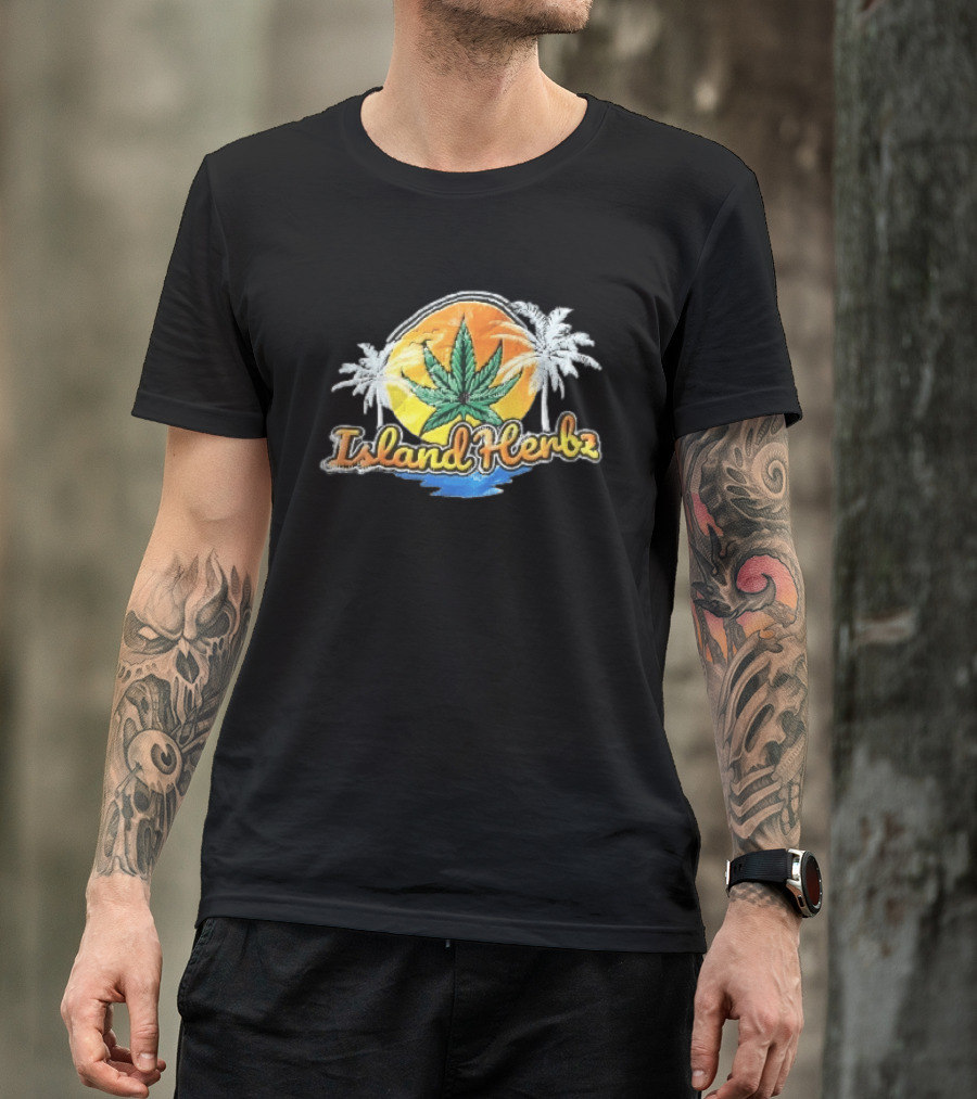 Island Herbz Cannabis Leaf Orange Sunset White Palm Trees T-Shirt