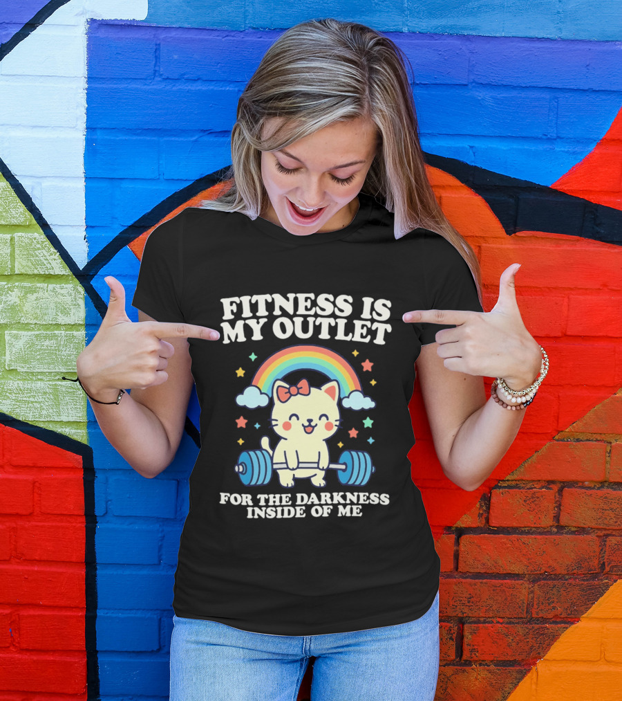 Fitness Is My Outlet For The Darkness Inside Of Me Cute Cat Weightlifting Rainbow T-Shirt