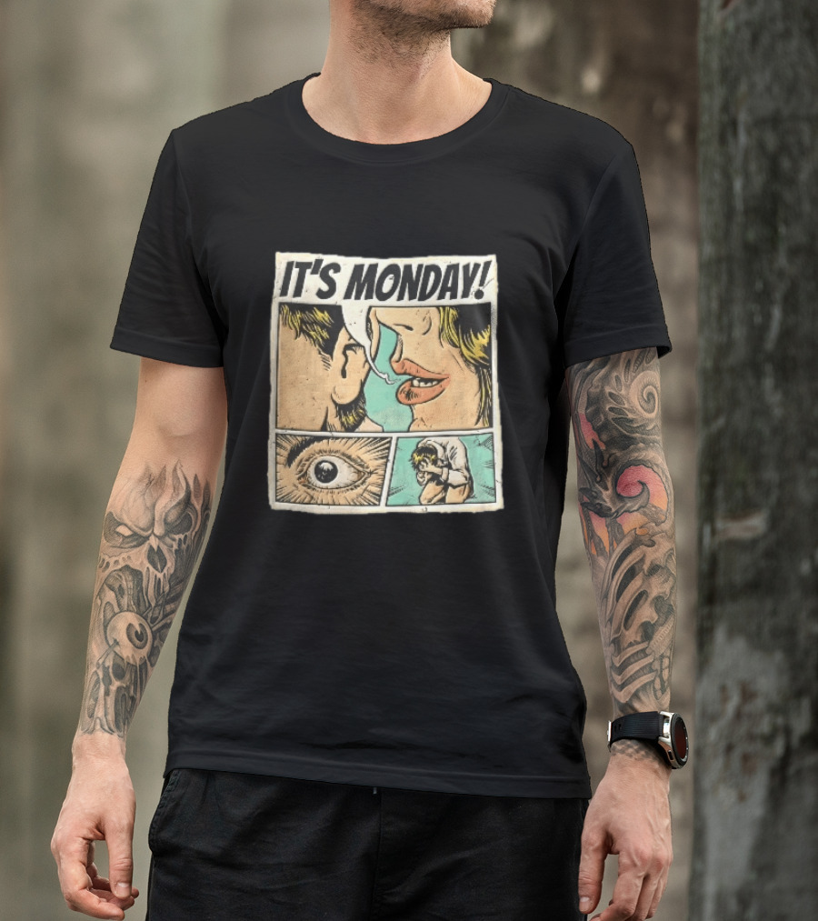 Its Monday Comic Strip Pop Art Woman Whispering Man Crying Vintage Halftone T-Shirt