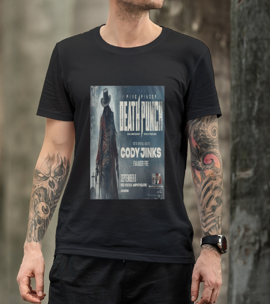 Five Finger Death Punch 20th Anniversary World Tour 2026 Red Rocks Amphitheatre September 8 Cody Jinks Eva Under Fire T-Shirt