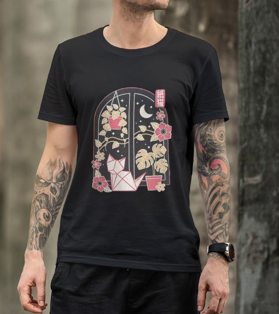 Kami Neko Origami Cat Crescent Moon Japanese Garden Scene T-Shirt