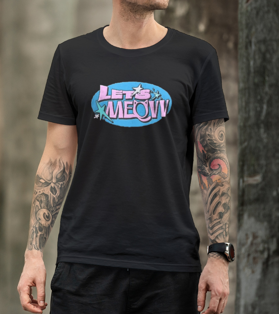 Lets Meovv Cat Ears Pink Distressed Glitter Stars Blue Oval T-Shirt