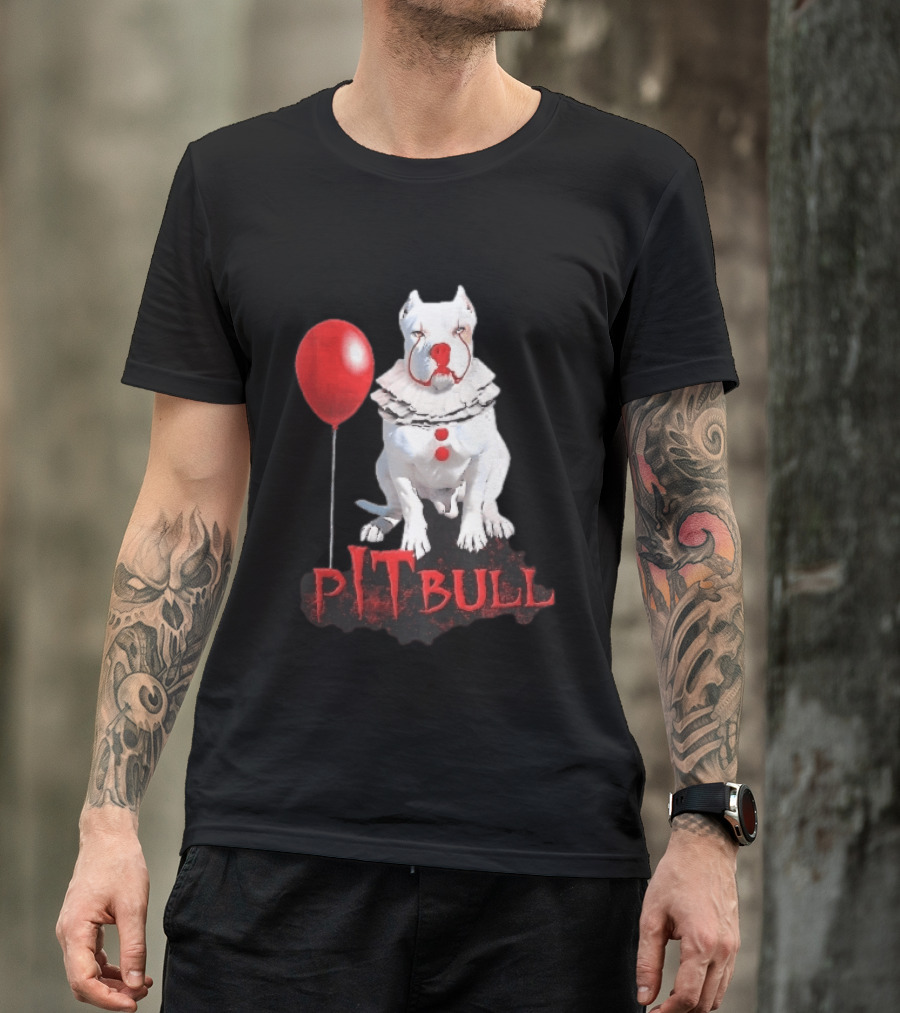 Pitbull Dog Pennywise Clown Red Balloon Distressed White T-Shirt