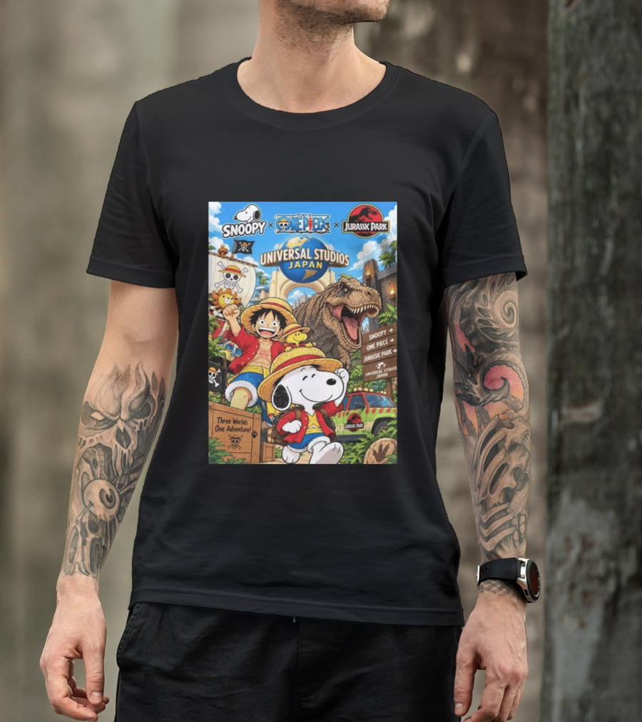 Snoopy One Piece Jurassic Park Universal Studios Japan Three Worlds One Adventure T-Shirt