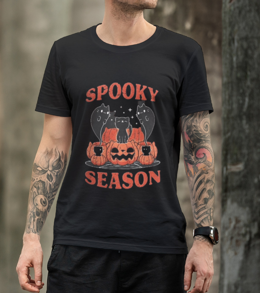 Spooky Season Black Cats Jack O Lantern Pentagram Cartoon T-Shirt