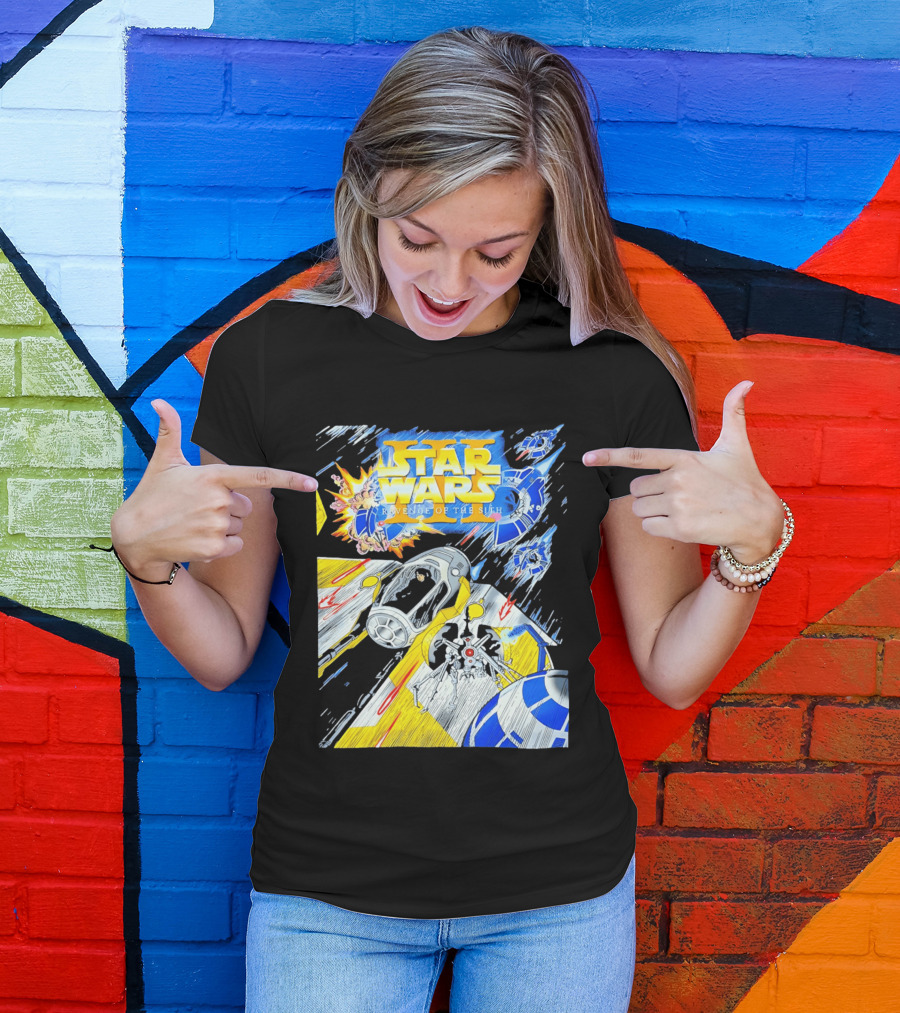 Star Wars Revenge Of The Sith Galactic Battle Artwork Featuring Anakin Skywalker And Iconic Droid Spaceships T-Shirt