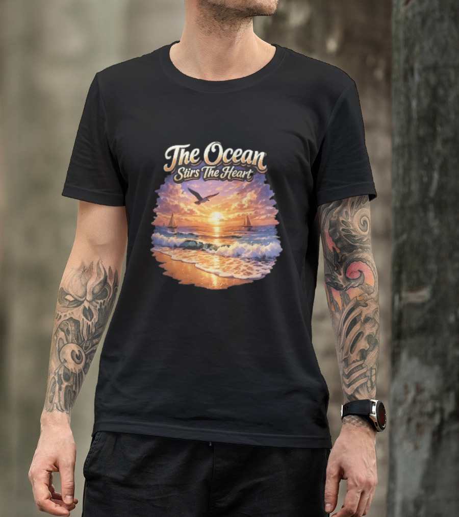 The Ocean Stirs The Heart Seagull Flying Sunset Beach Sailboats Waves T-Shirt