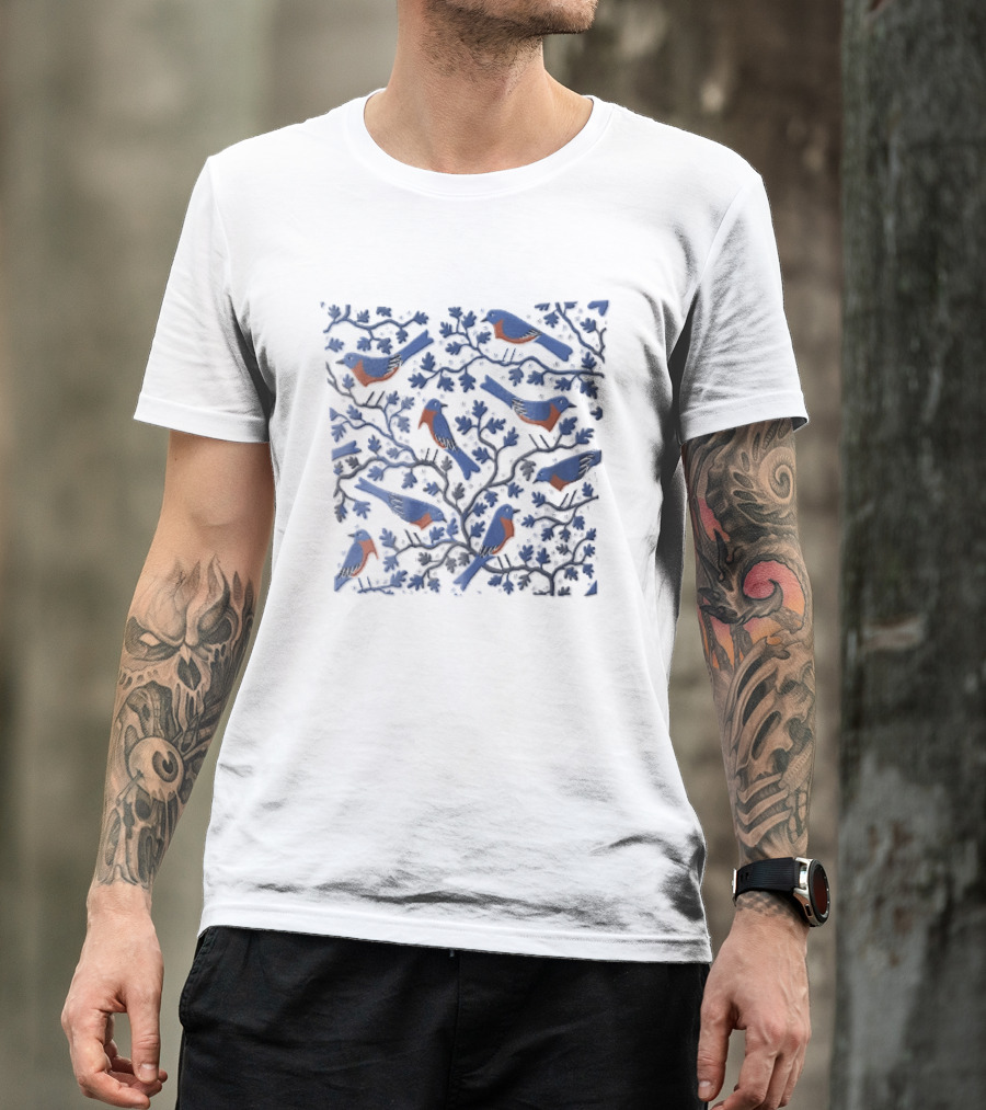 Eastern Bluebirds Perched On Flowering Tree Branches T-Shirt