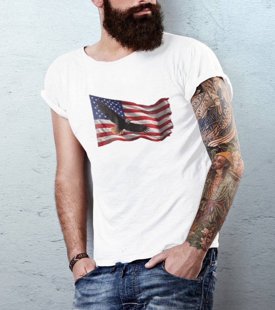 Bald Eagle Soaring Over Distressed American Flag Patriotic T-Shirt