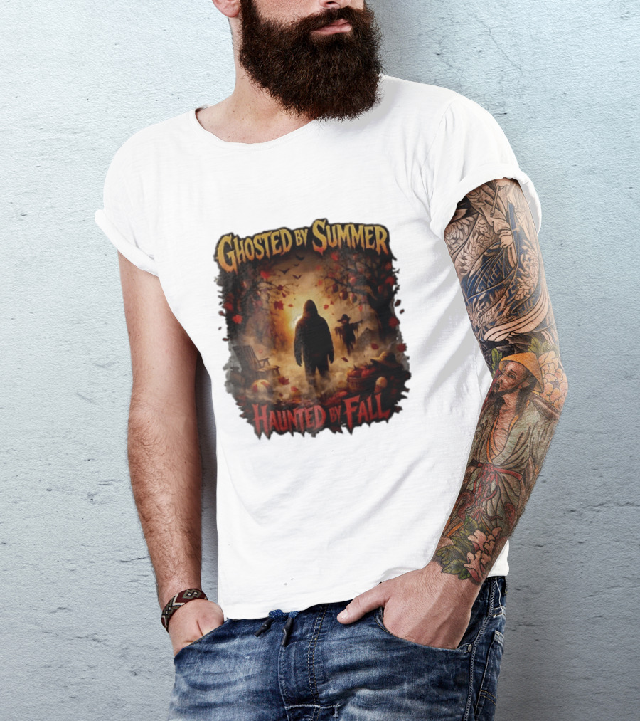 Ghosted By Summer Haunted By Fall Hooded Figure Autumn Orchard Scarecrow Pumpkins T-Shirt