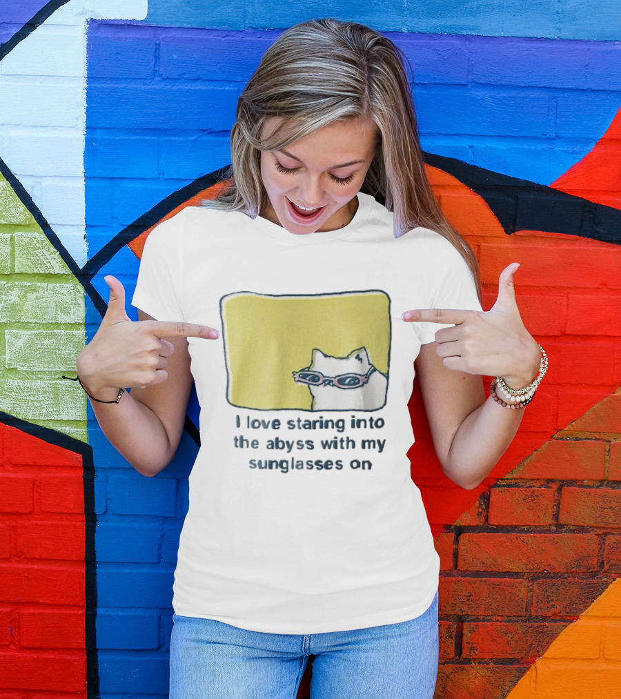 I Love Staring Into The Abyss With My Sunglasses On White Cat Pink Glasses Popcornpunk Cartoon T-Shirt