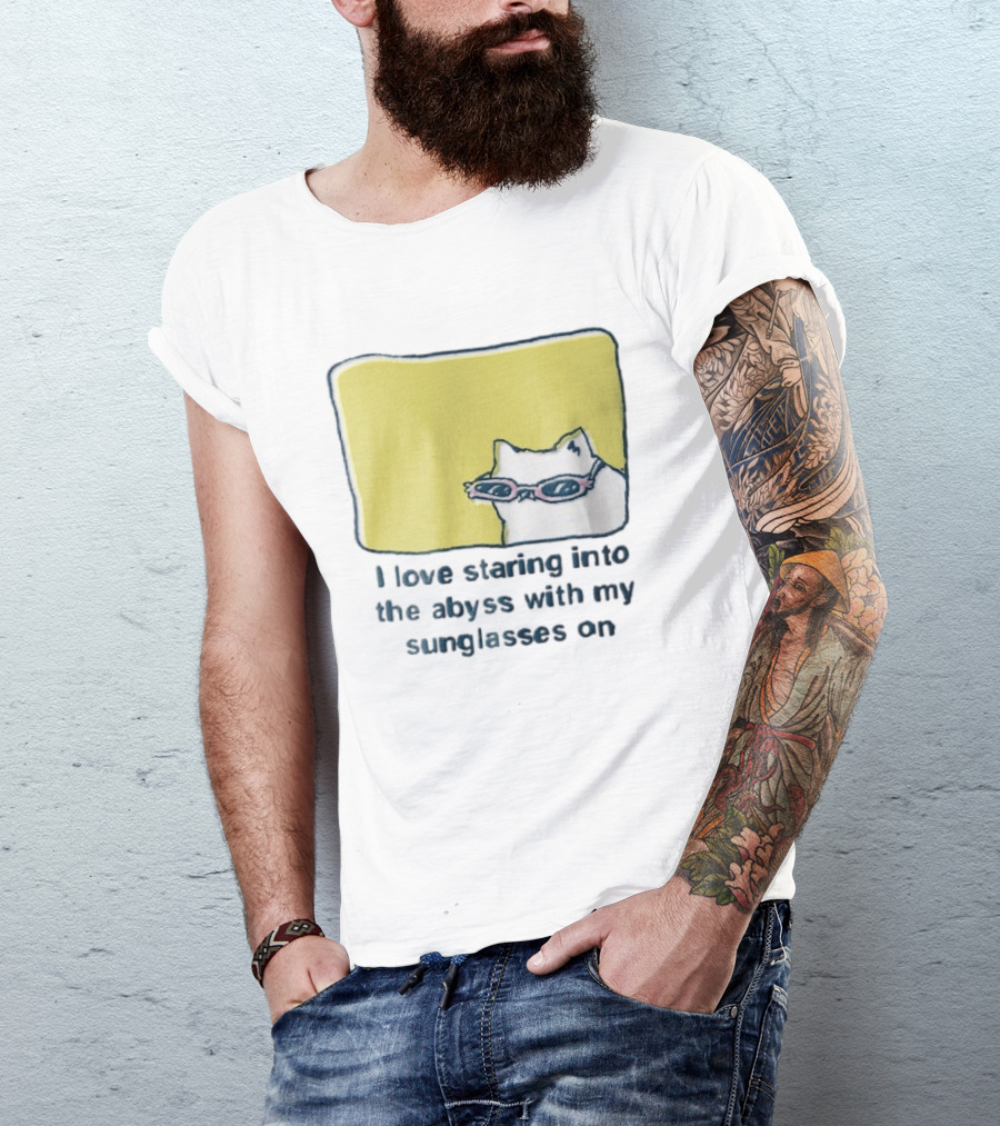 I Love Staring Into The Abyss With My Sunglasses On White Cat Pink Glasses Popcornpunk Cartoon T-Shirt
