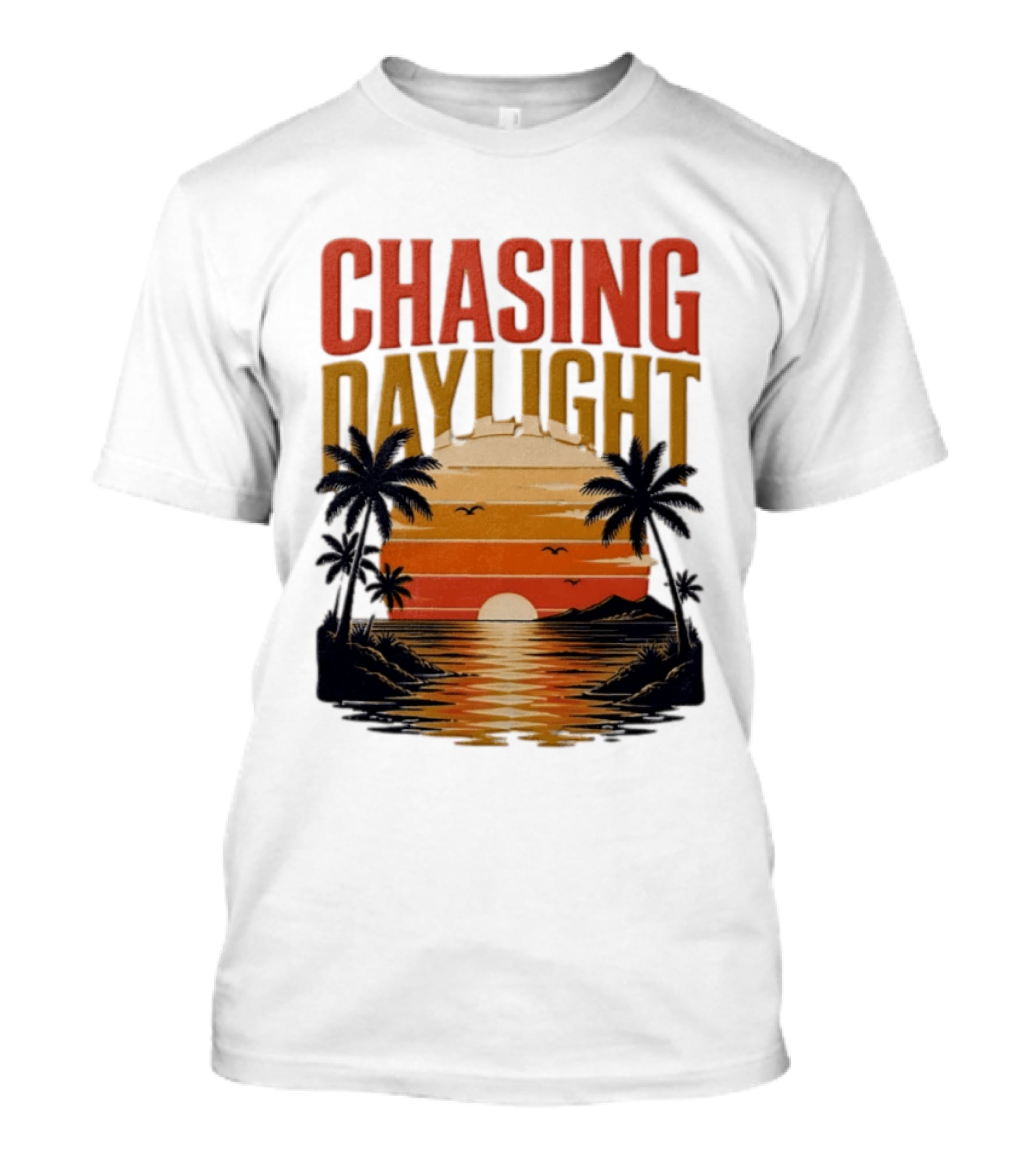 Chasing Daylight Tropical Beach Sunset Scene With Palms And Ocean Waves T-Shirt