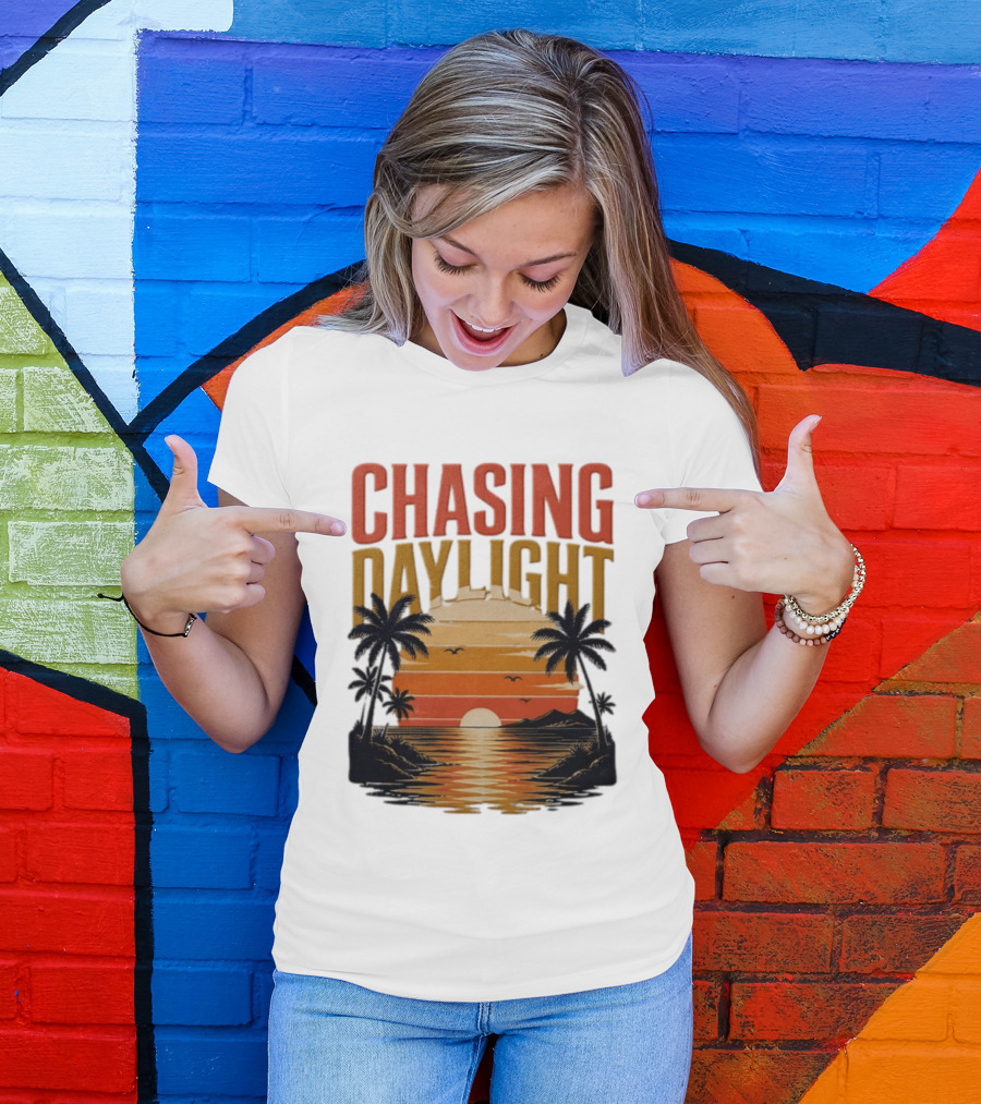 Chasing Daylight Tropical Beach Sunset Scene With Palms And Ocean Waves T-Shirt