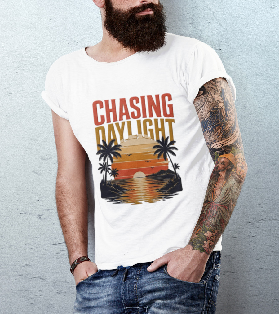 Chasing Daylight Tropical Beach Sunset Scene With Palms And Ocean Waves T-Shirt