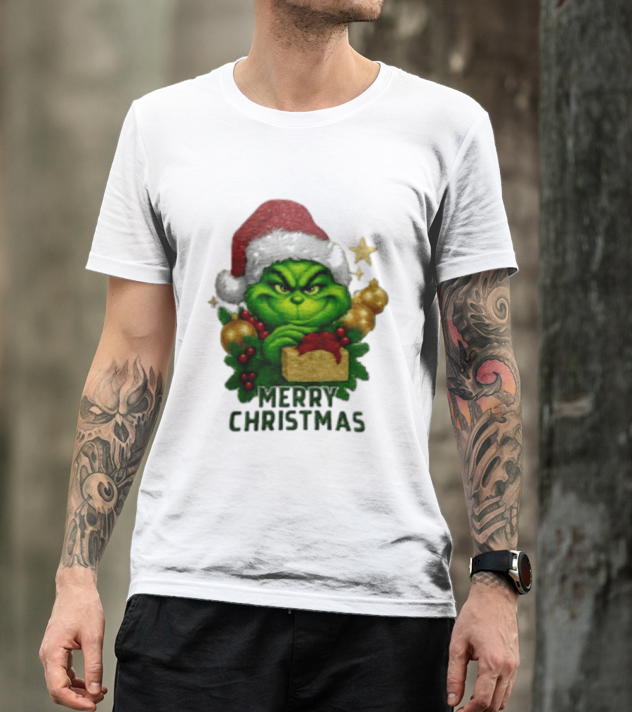 Merry Christmas Grinch Santa Claus Hat Gold Present Pine Branches T-Shirt