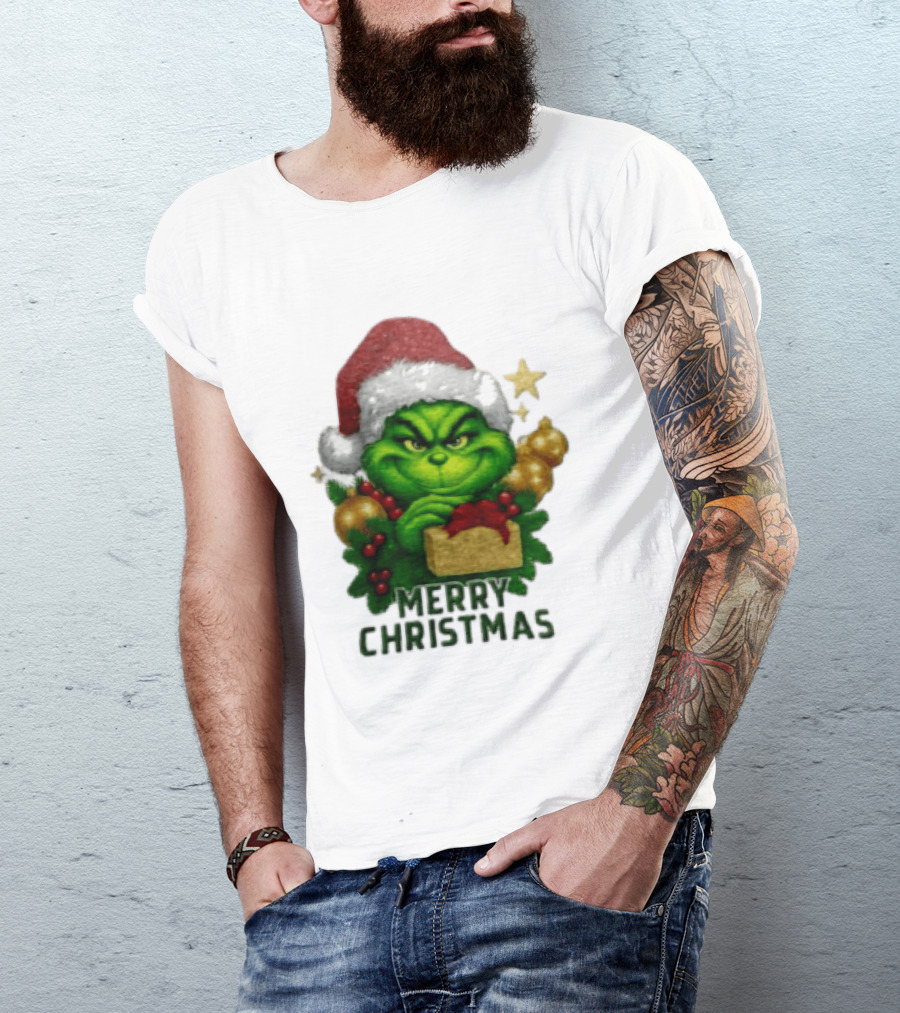 Merry Christmas Grinch Santa Claus Hat Gold Present Pine Branches T-Shirt