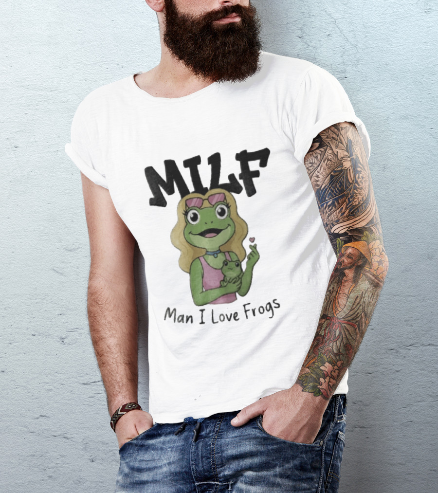 MILF Man I Love Frogs Cartoon Blonde Female Frog Holding Baby Frog T-Shirt