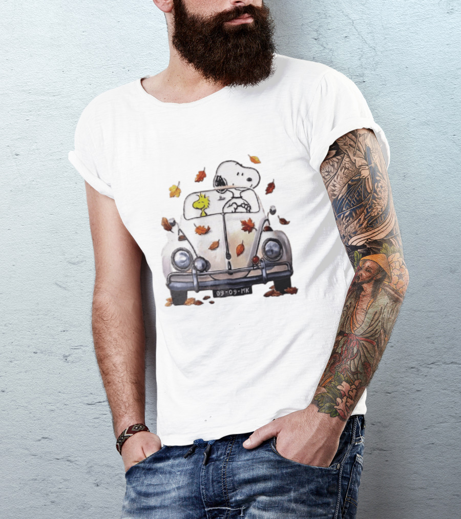 Peanuts Snoopy Woodstock Driving Car Autumn Leaves Watercolor Cartoon 09 Mk T-Shirt