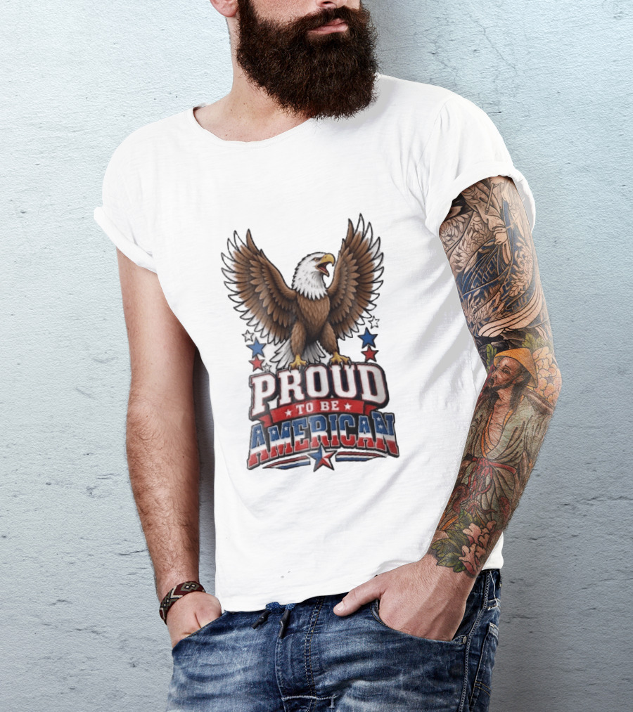 Proud To Be American Bald Eagle Wings Spread Red Blue Stars Patriotic T-Shirt