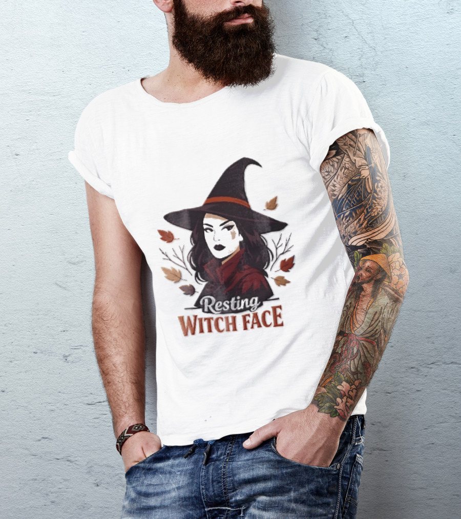 Resting Witch Face Dark Hair Woman Pointy Hat Autumn Leaves Halloween T-Shirt