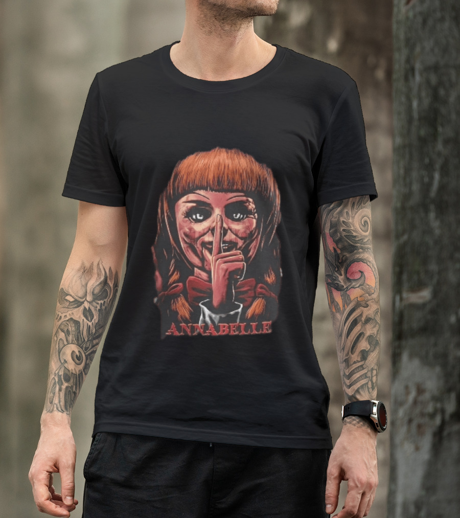 Annabelle Horror Doll Shushing Finger Red Bow Tie Eerie Doll Face T-Shirt