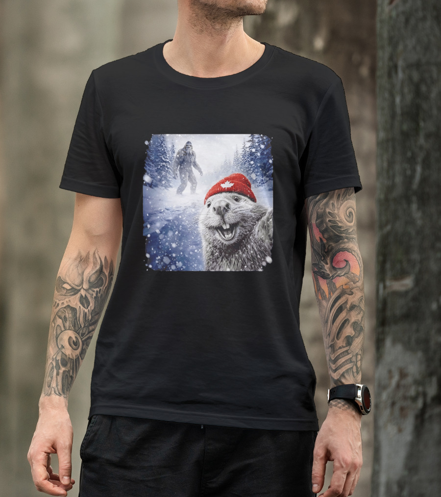 Beaver Selfie With Sasquatch In Snowy Canadian Forest T-Shirt