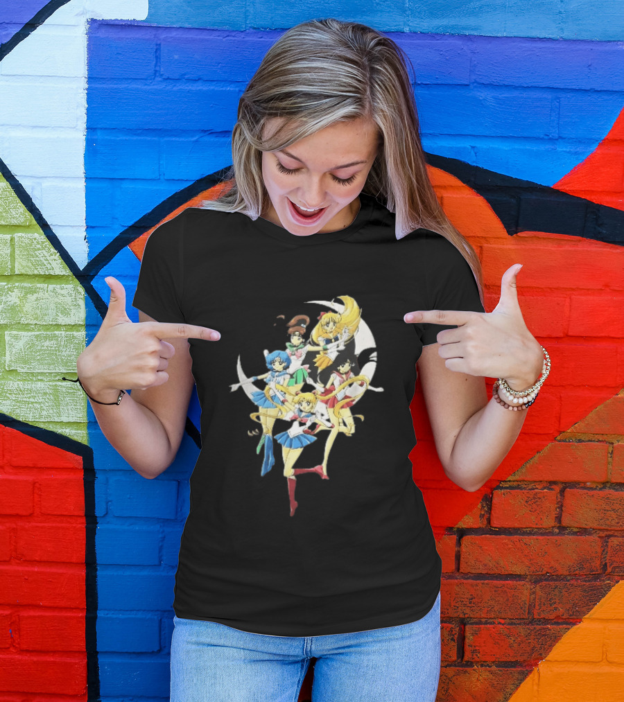 Sailor Moon Crescent Five Guardians Distressed Cartoon T-Shirt