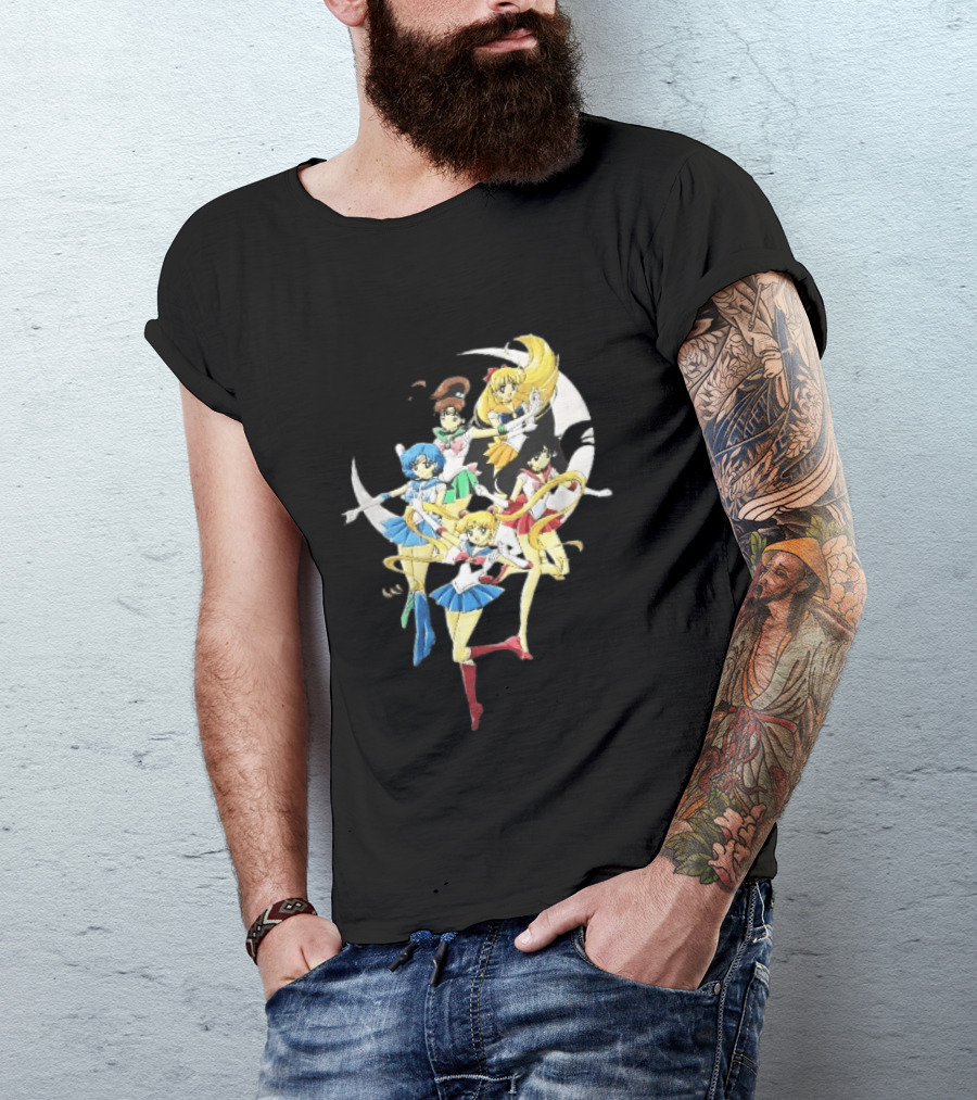 Sailor Moon Crescent Five Guardians Distressed Cartoon T-Shirt