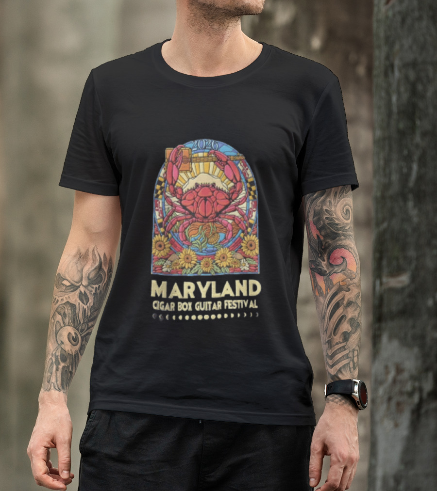 Maryland Cigar Box Guitar Festival 2026 Crab Stained Glass Sunflowers T-Shirt