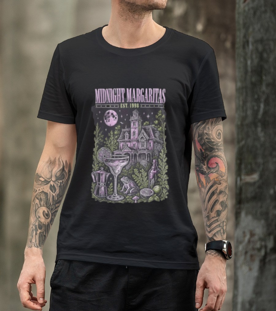 Midnight Margaritas Est 1998 Haunted Mansion Full Moon Frog Margarita Glass Lime Pestle Botanical T-Shirt