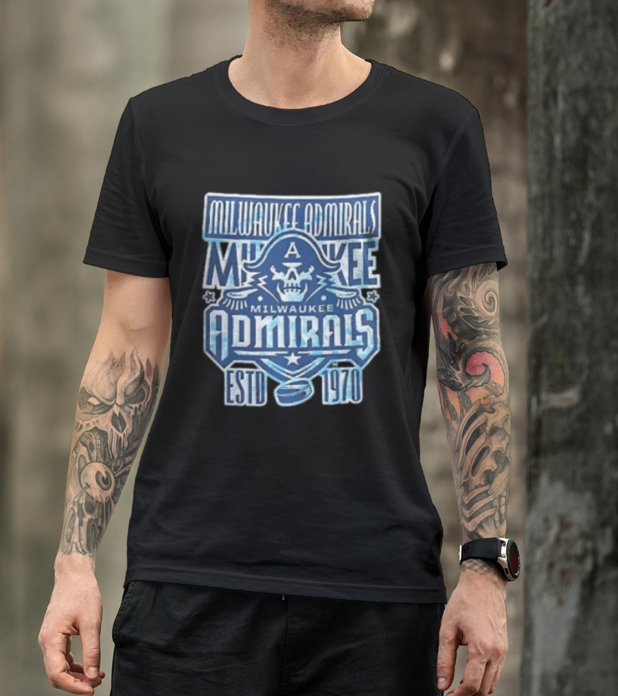 Milwaukee Admirals Estd 1970 Skull Hockey Puck Distressed Navy Blue T-Shirt