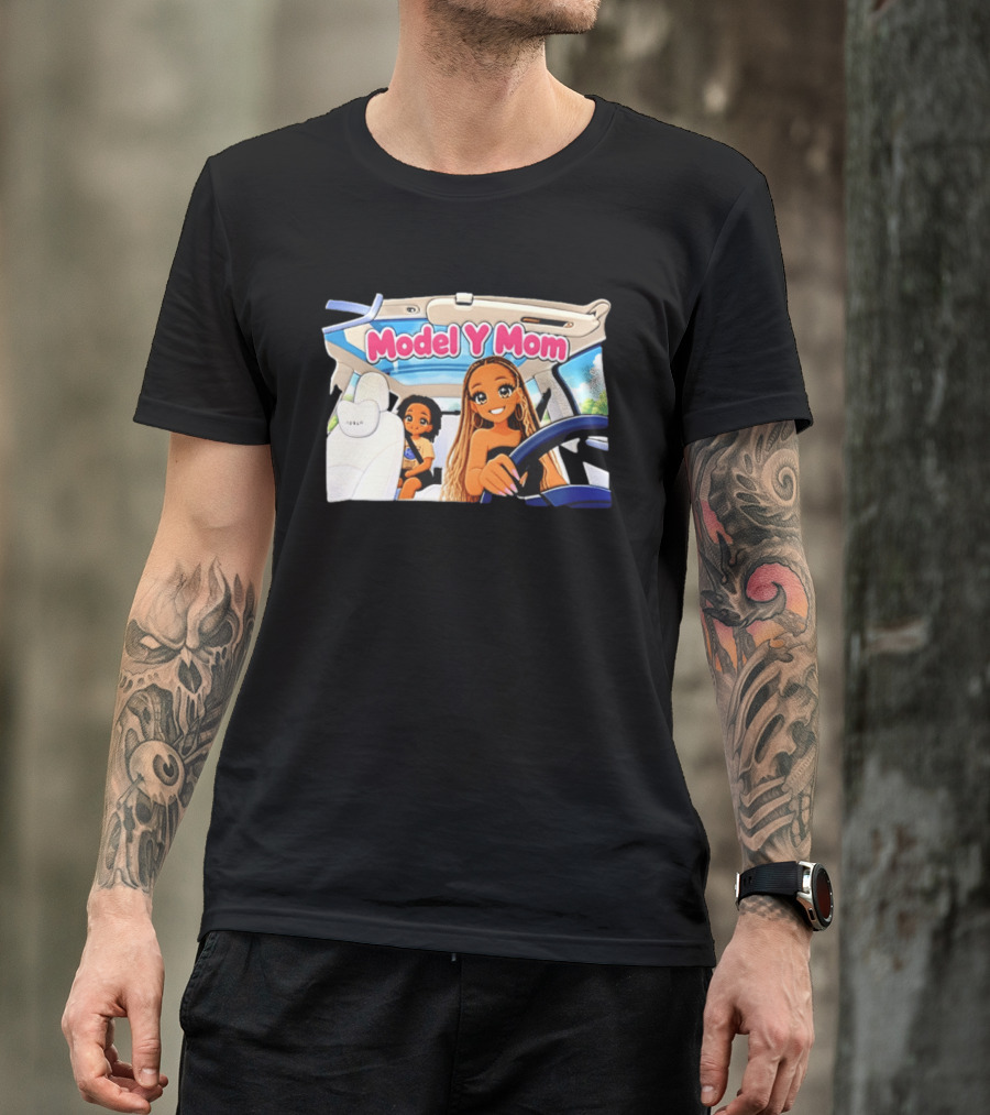 Model Y Mom Cartoon Driving Scene In Tesla T-Shirt