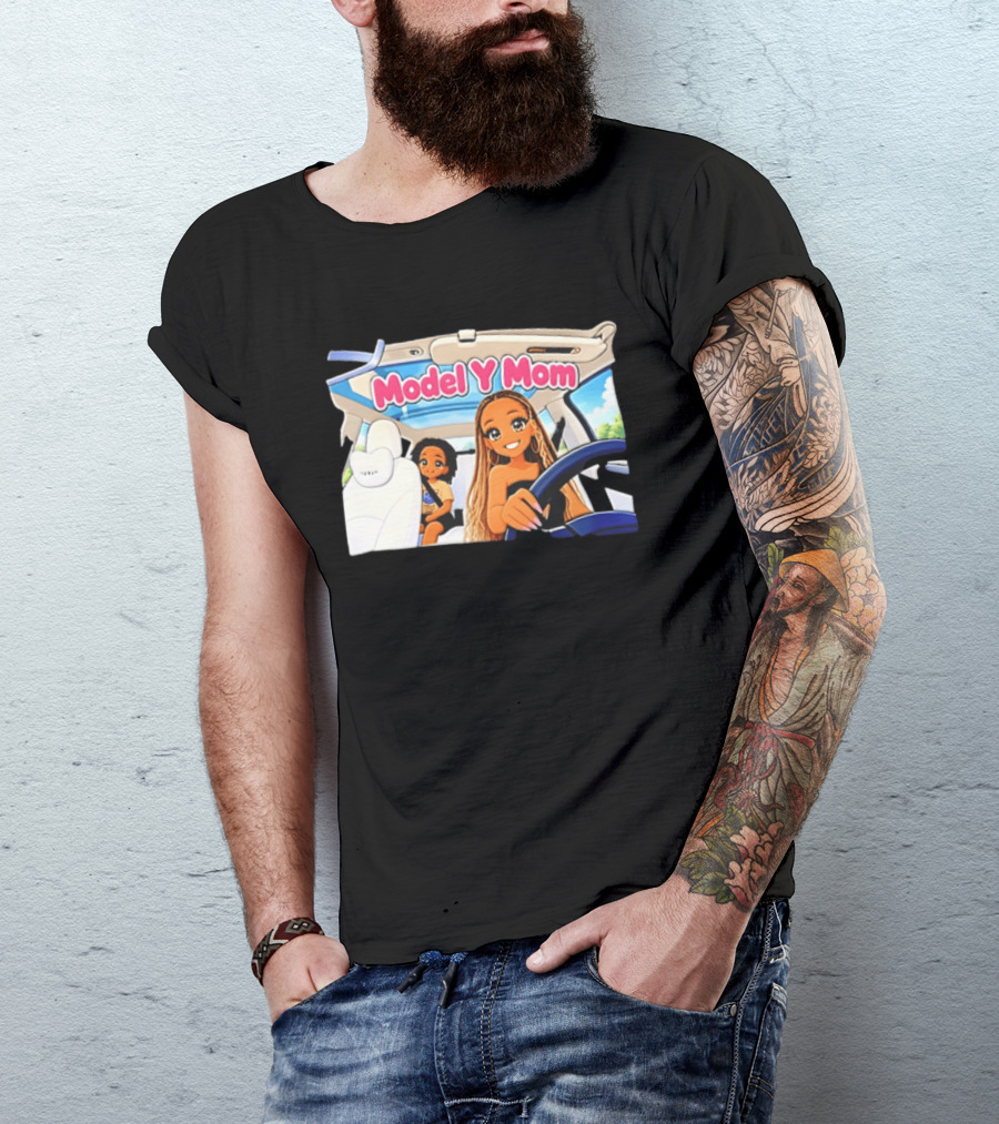 Model Y Mom Cartoon Driving Scene In Tesla T-Shirt